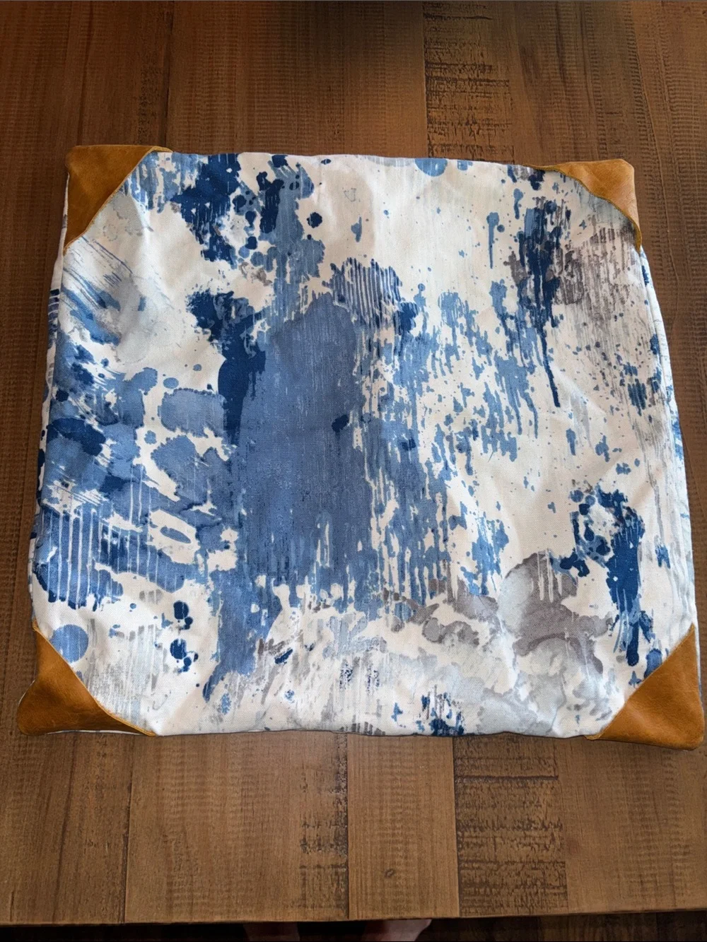 Abstract Blue & White Canvas Pillow cover Tan Leather Corners tie dye 17 x 17